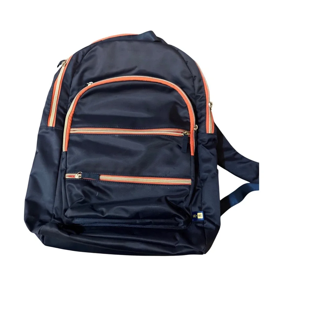 Me to We Navy Blue Nylon Backpack‎ with Orange Trim and Gold Hardware